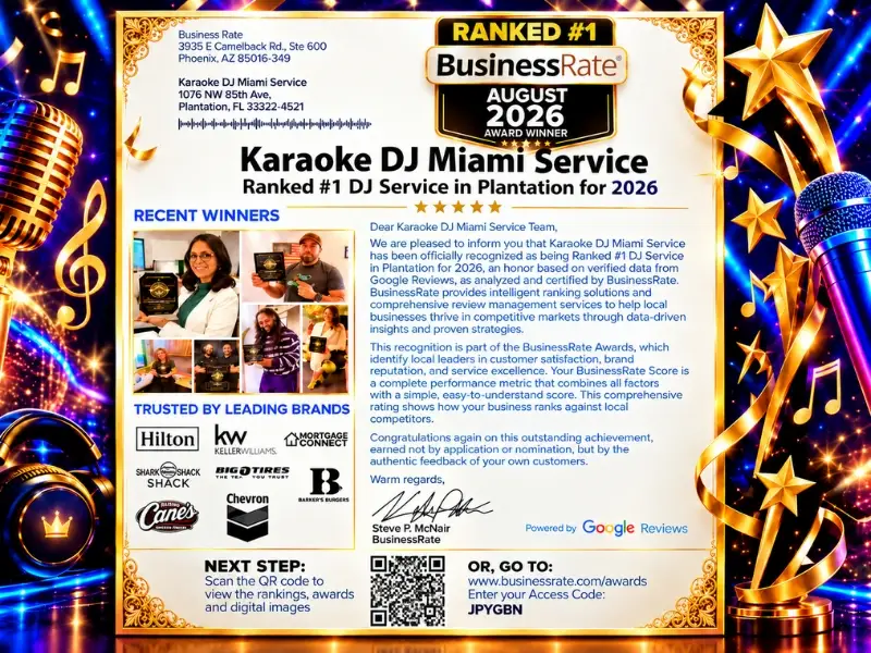 BusinessRate number one DJ Service award for Plantation in 2026