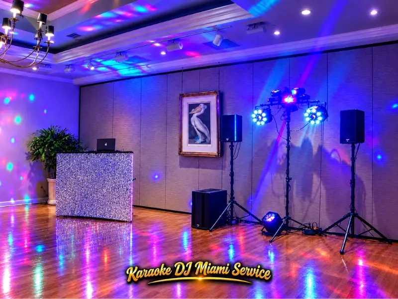 Colorful professional DJ sound and lighting setup in an event venue